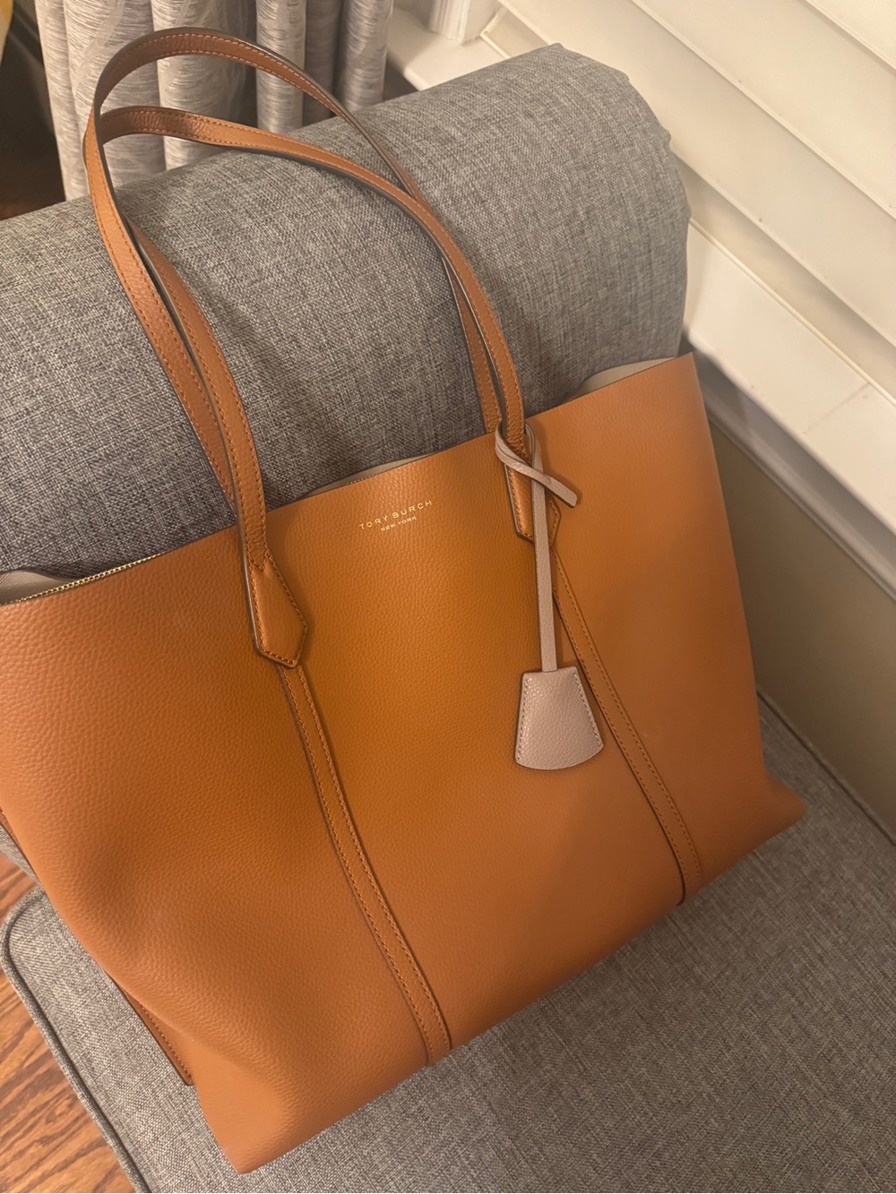 Tory Burch Caramel Tan Pebbled Leather Tote with Ivory Tag